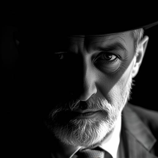A black and white portrait of a distinguished gentleman, strong contrast and shadows.