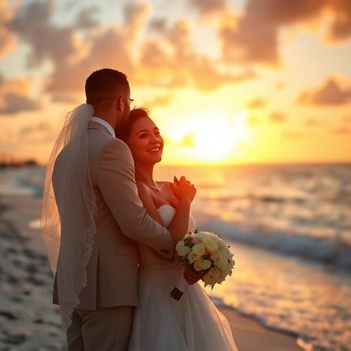 A bride and groom embracing on a Miami beach at sunset, golden hour lighting.