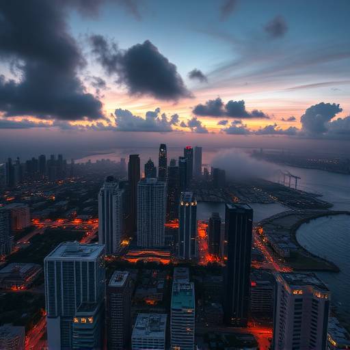 A dramatic aerial shot of the Miami skyline at dusk, taken from a drone perspective.