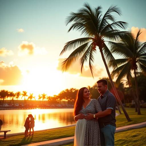 A family posing for a portrait during sunset at a Miami park