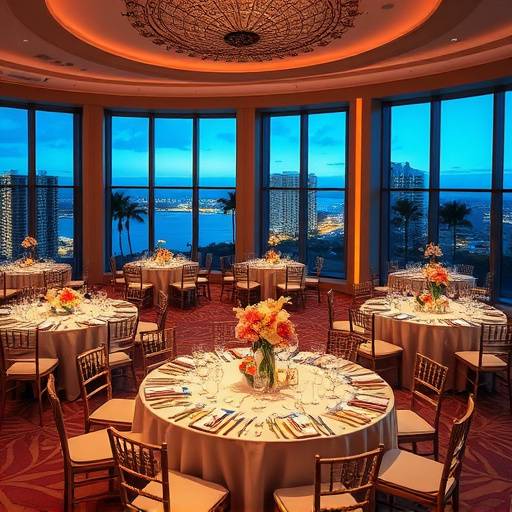 A panoramic shot of a wedding reception at a luxury Miami hotel, elegantly decorated tables.
