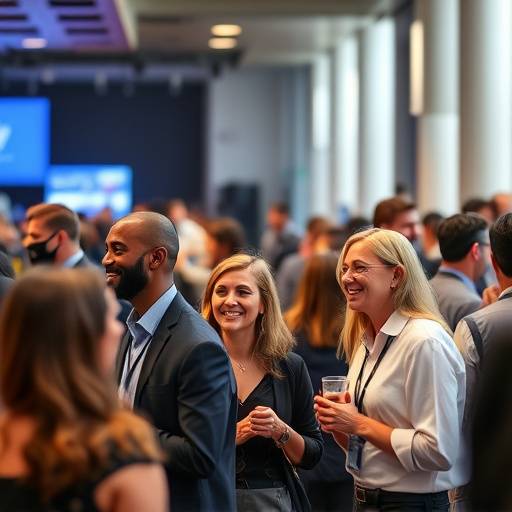A photograph capturing the vibrant energy of a corporate event, people networking and smiling.
