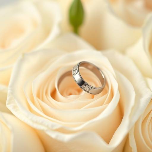 An artistic shot of wedding rings placed on a bouquet of white roses, soft focus background.