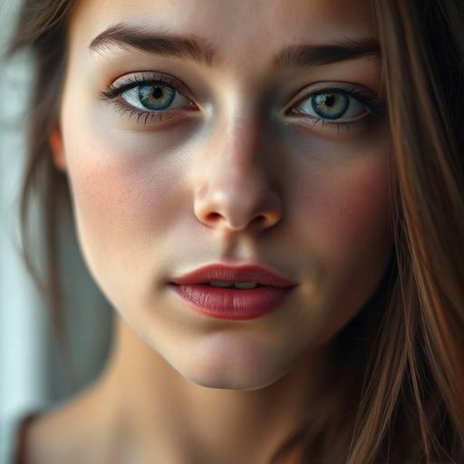 Close-up portrait of a young woman with a serene expression, soft lighting.