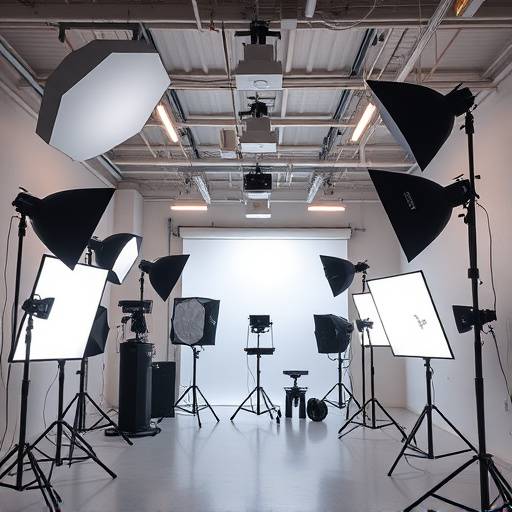Interior view of Stellaris Studios' main photography studio with various lighting setups.