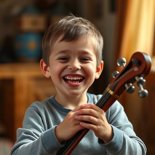 Portrait of a young boy playing a musical instrument, capturing a candid moment of joy.